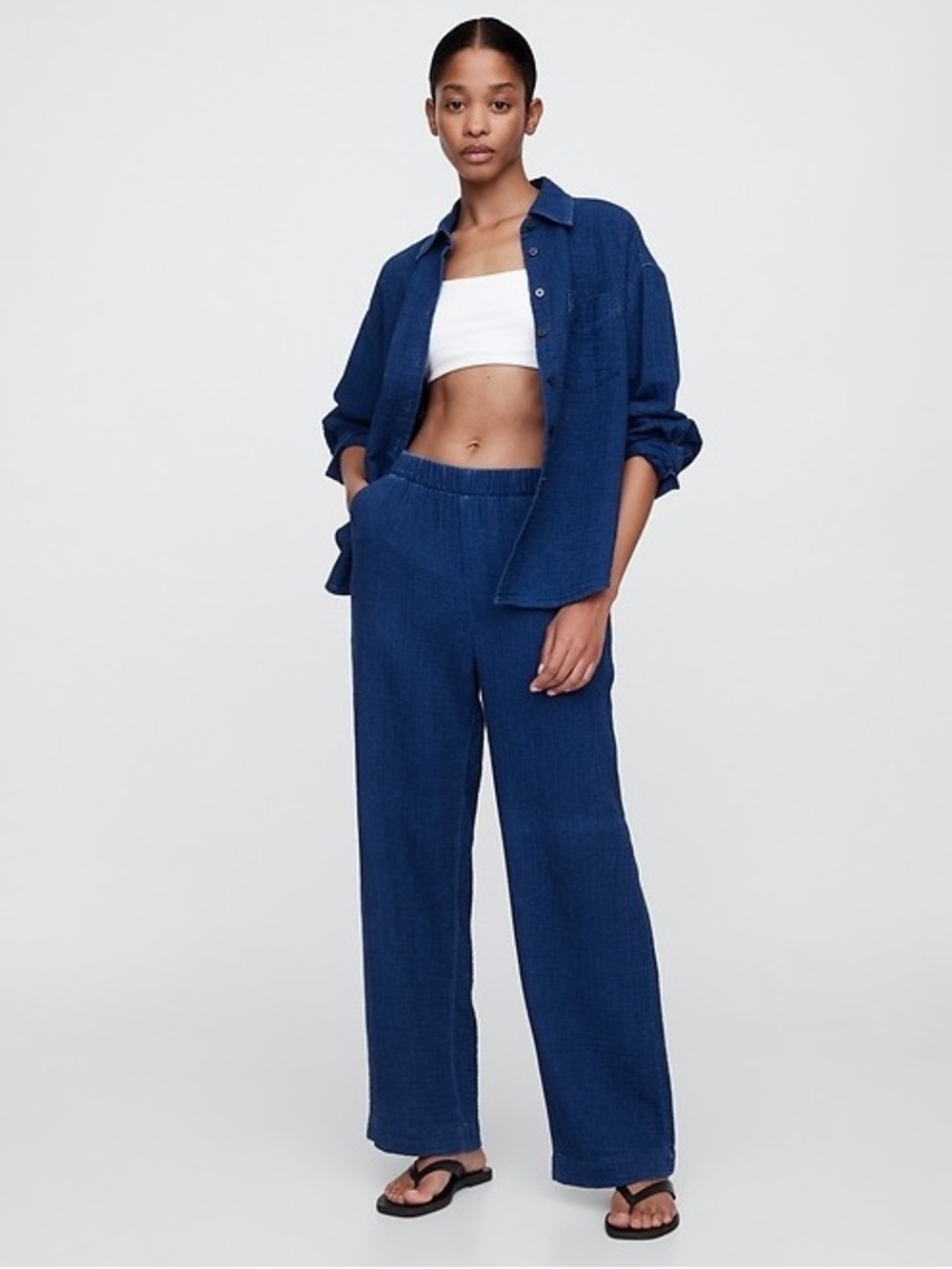 GAP Cotton Matching Set Indigo Blue Small Long Button Sleeve Top Pull On Pants